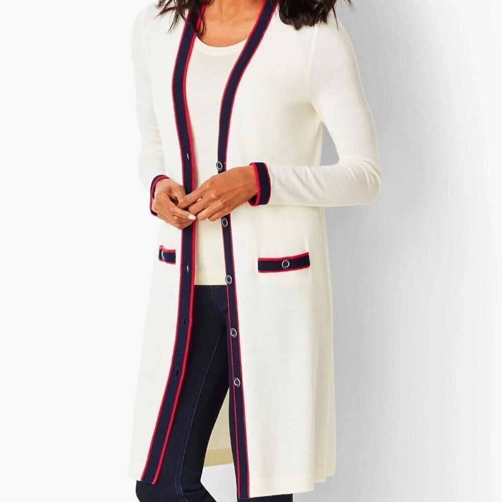 Talbots 100% Merino Wool Duster Cardigan S Cream Navy Red Preppy Long